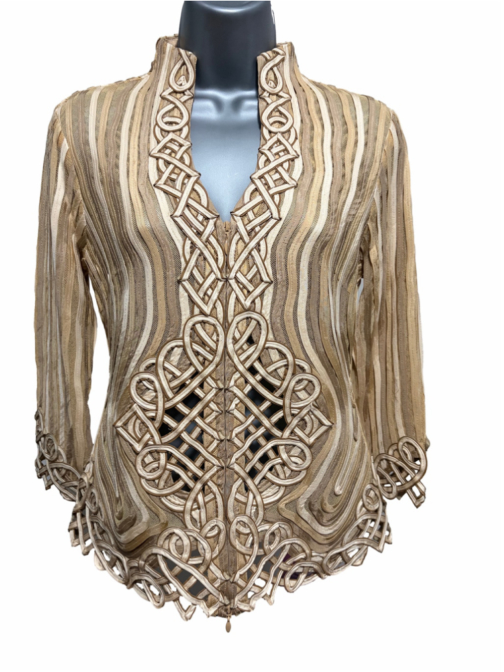 Obstinée by Ika Jacket Womens Size 4 Gold Sheer Mesh Celtic Knot Ribbon Applique